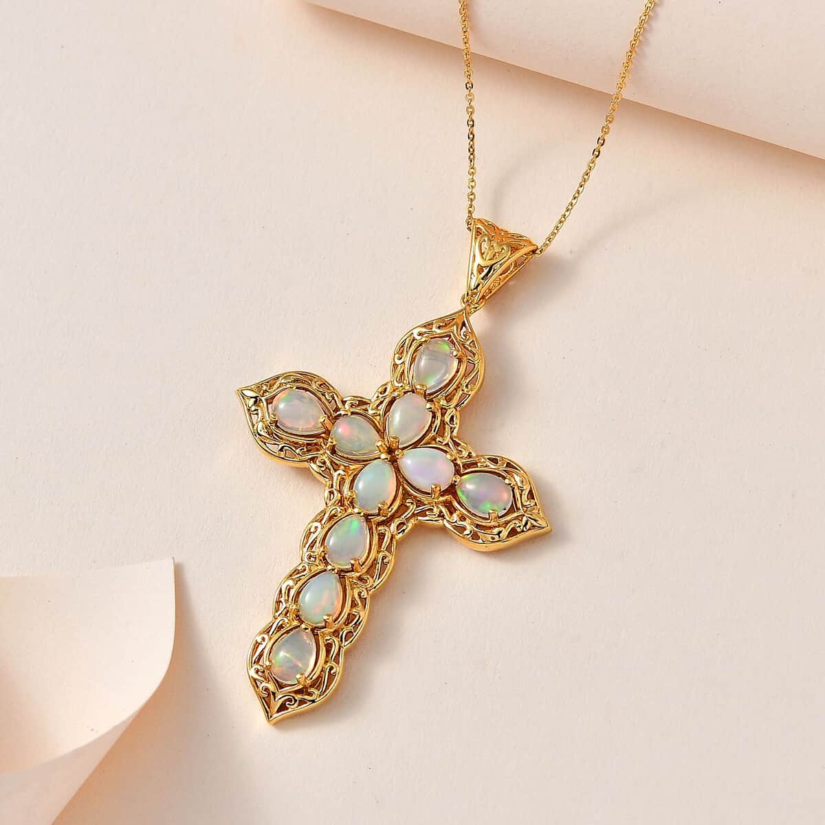 Ethiopian Welo Opal Cross Pendant Necklace 20 Inches in Vermeil Yellow Gold Over Sterling Silver 5.00 ctw image number 1