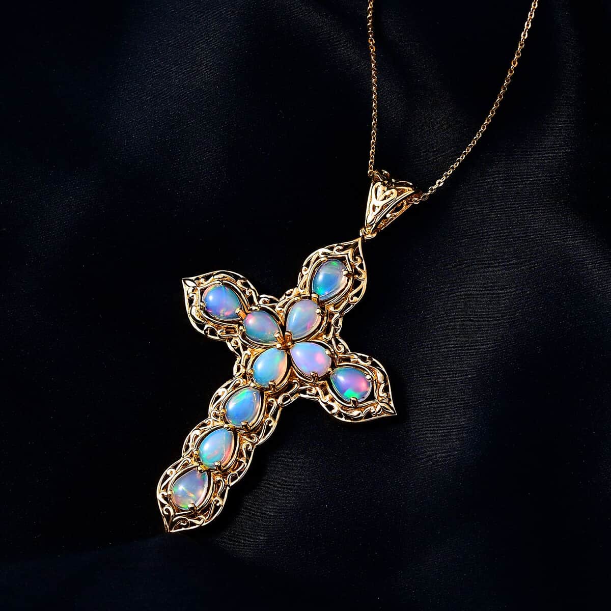 Ethiopian Welo Opal Cross Pendant Necklace 20 Inches in Vermeil Yellow Gold Over Sterling Silver 5.00 ctw image number 2