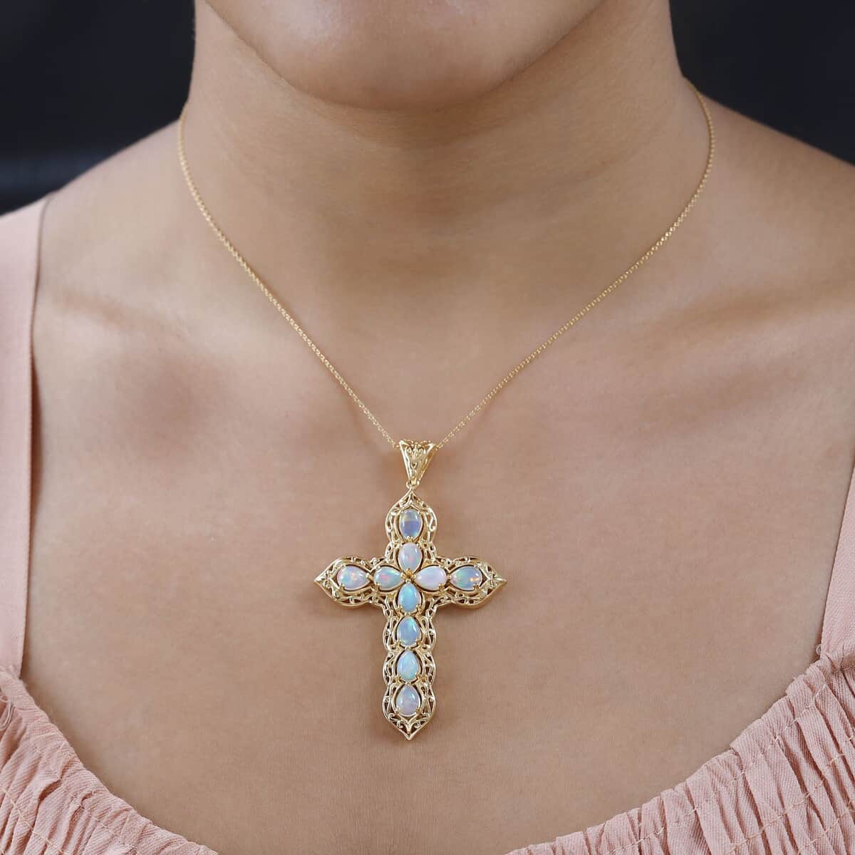 Ethiopian Welo Opal Cross Pendant Necklace 20 Inches in Vermeil Yellow Gold Over Sterling Silver 5.00 ctw image number 3