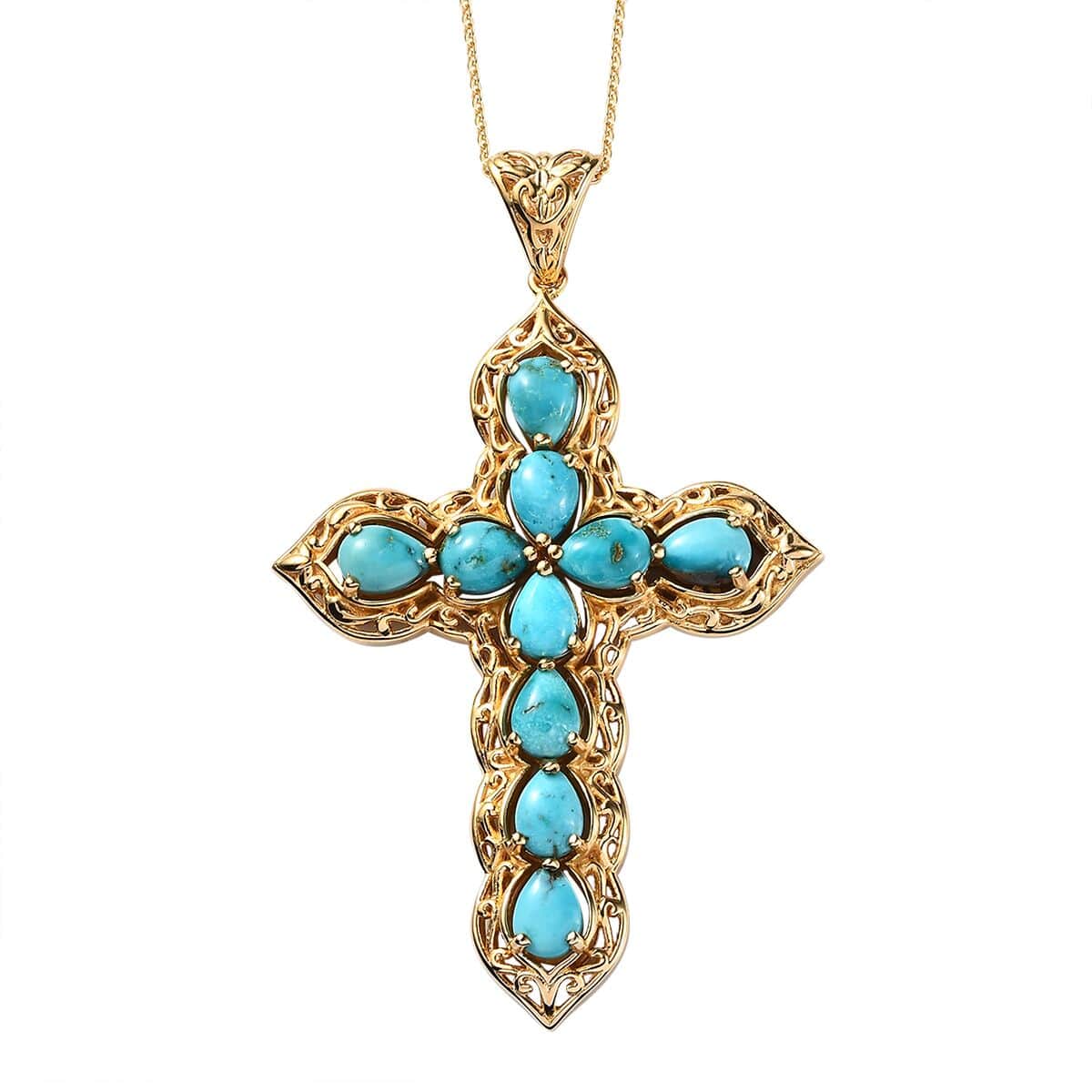 Nevada Turquoise Cross Pendant Necklace 20 Inches in Vermeil Yellow Gold Over Sterling Silver 6.50 ctw image number 0