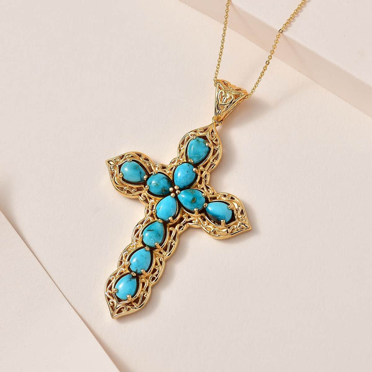 Nevada Turquoise Cross Pendant Necklace 20 Inches in Vermeil Yellow Gold Over Sterling Silver 6.50 ctw image number 1
