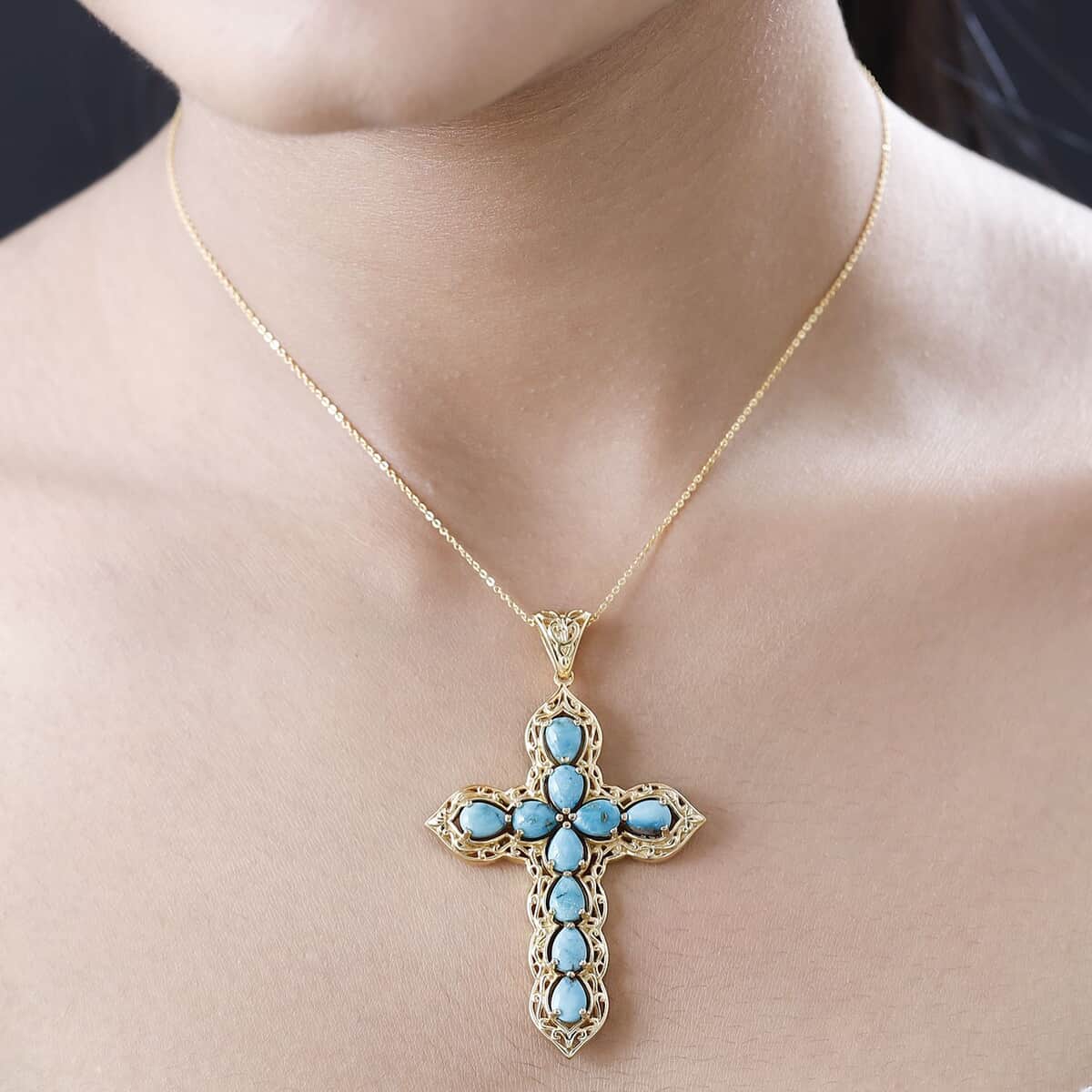 Nevada Turquoise Cross Pendant Necklace 20 Inches in Vermeil Yellow Gold Over Sterling Silver 6.50 ctw image number 2