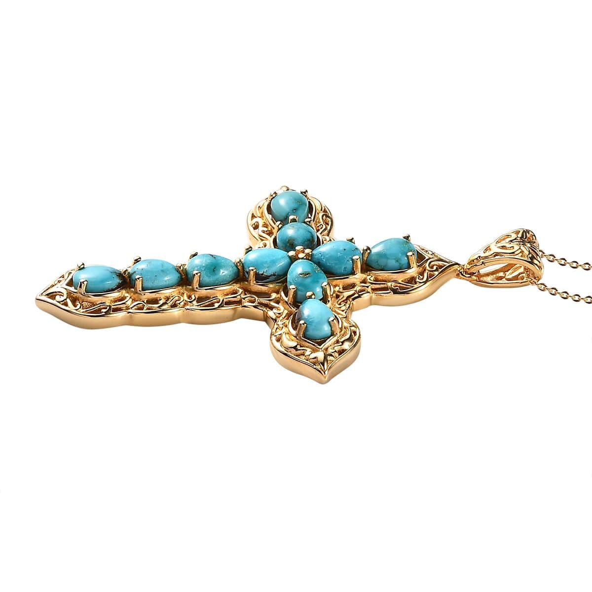 Nevada Turquoise Cross Pendant Necklace 20 Inches in Vermeil Yellow Gold Over Sterling Silver 6.50 ctw image number 3