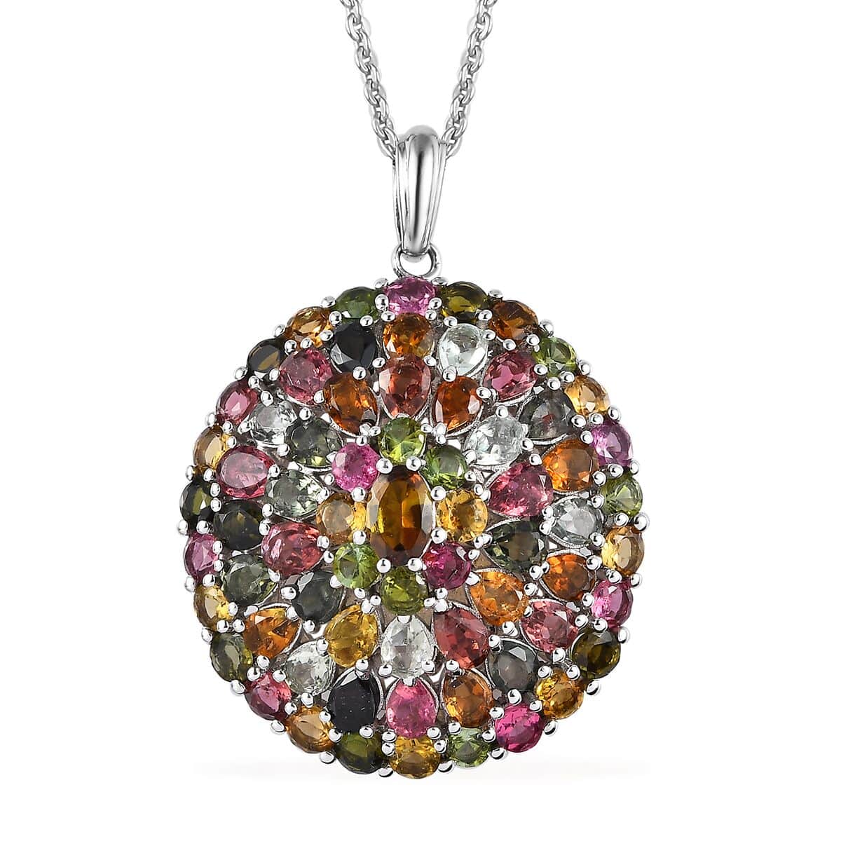 Multi-Tourmaline Floral Spray Pendant Necklace 20 Inches in Platinum Over Sterling Silver 9.35 ctw image number 0