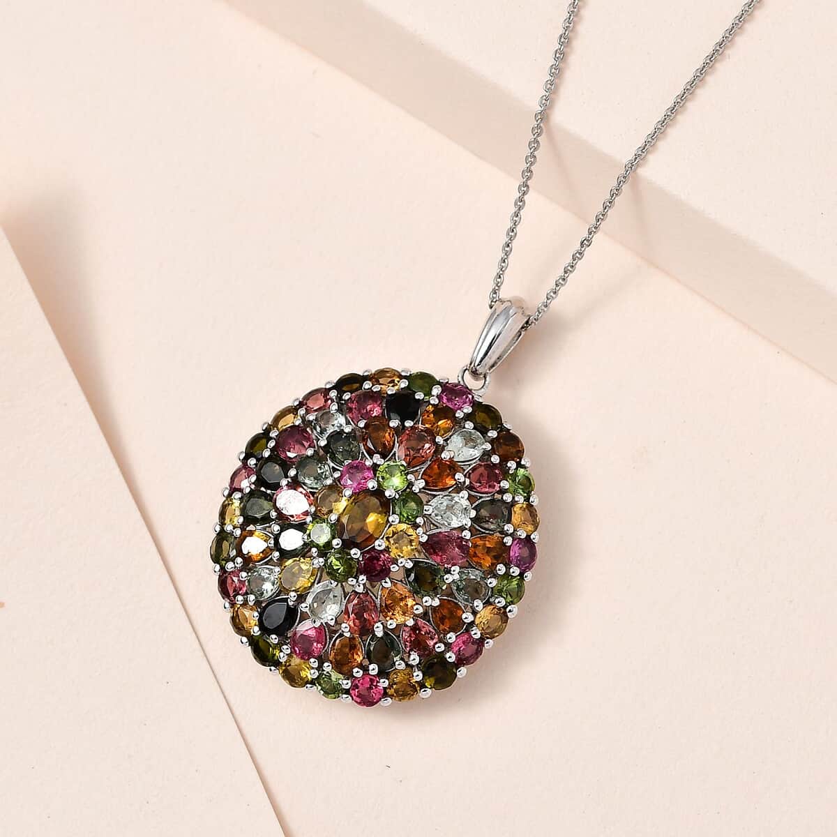 Multi-Tourmaline Floral Spray Pendant Necklace 20 Inches in Platinum Over Sterling Silver 9.35 ctw image number 1