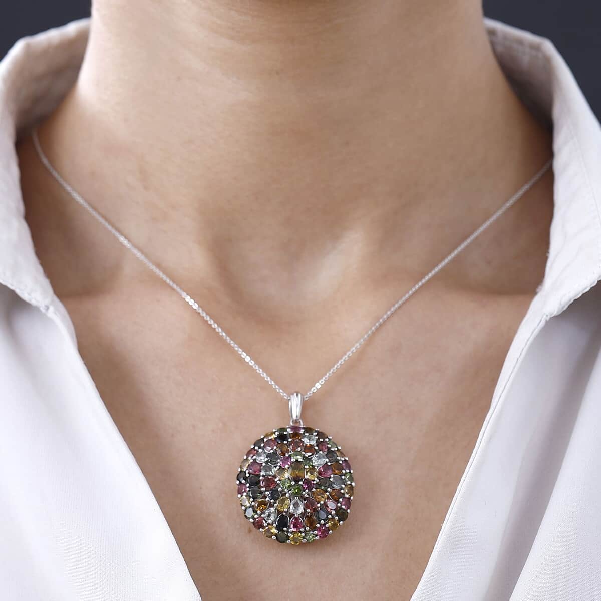 Multi-Tourmaline Floral Spray Pendant Necklace 20 Inches in Platinum Over Sterling Silver 9.35 ctw image number 2