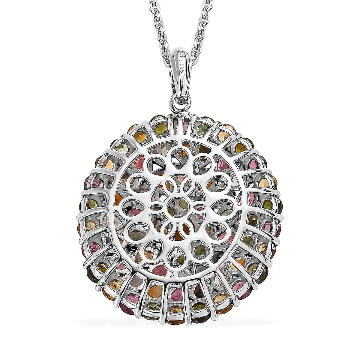 Multi-Tourmaline Floral Spray Pendant Necklace 20 Inches in Platinum Over Sterling Silver 9.35 ctw
