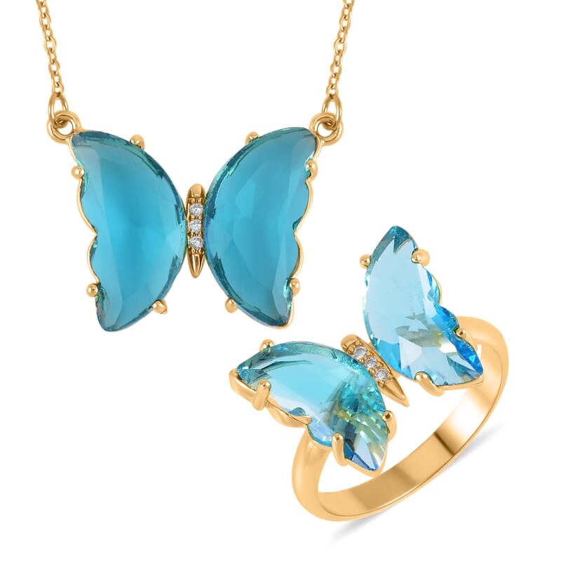 Simulated Sky Blue Topaz, Simulated Diamond Butterfly Ring (Size 6.0) and Necklace 20-22 Inches in Goldtone