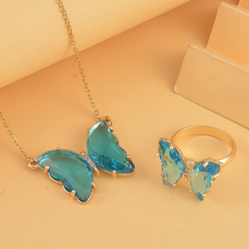 Simulated Sky Blue Topaz, Simulated Diamond Butterfly Ring (Size 6.0) and Necklace 20-22 Inches in Goldtone
