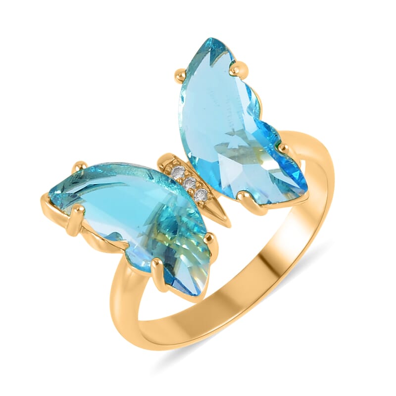 Simulated Sky Blue Topaz, Simulated Diamond Butterfly Ring (Size 6.0) and Necklace 20-22 Inches in Goldtone
