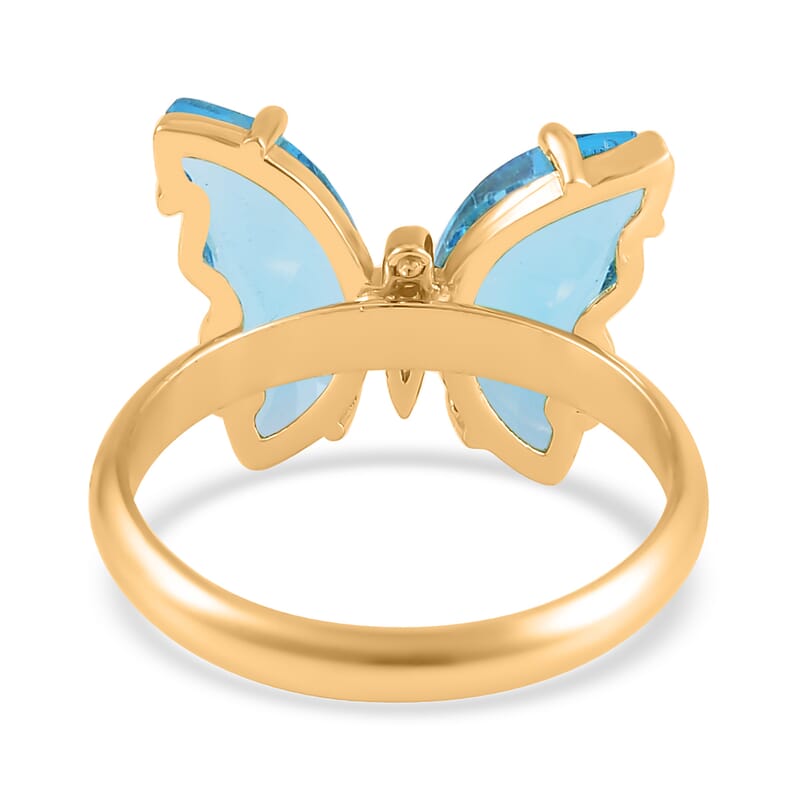 Simulated Sky Blue Topaz, Simulated Diamond Butterfly Ring (Size 6.0) and Necklace 20-22 Inches in Goldtone
