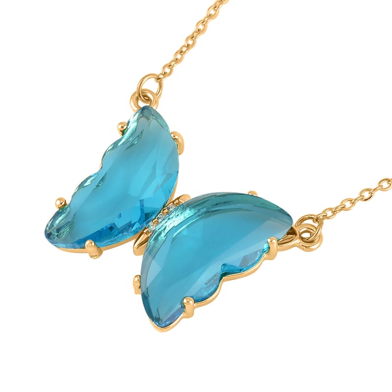 Simulated Sky Blue Topaz, Simulated Diamond Butterfly Ring (Size 6.0) and Necklace 20-22 Inches in Goldtone