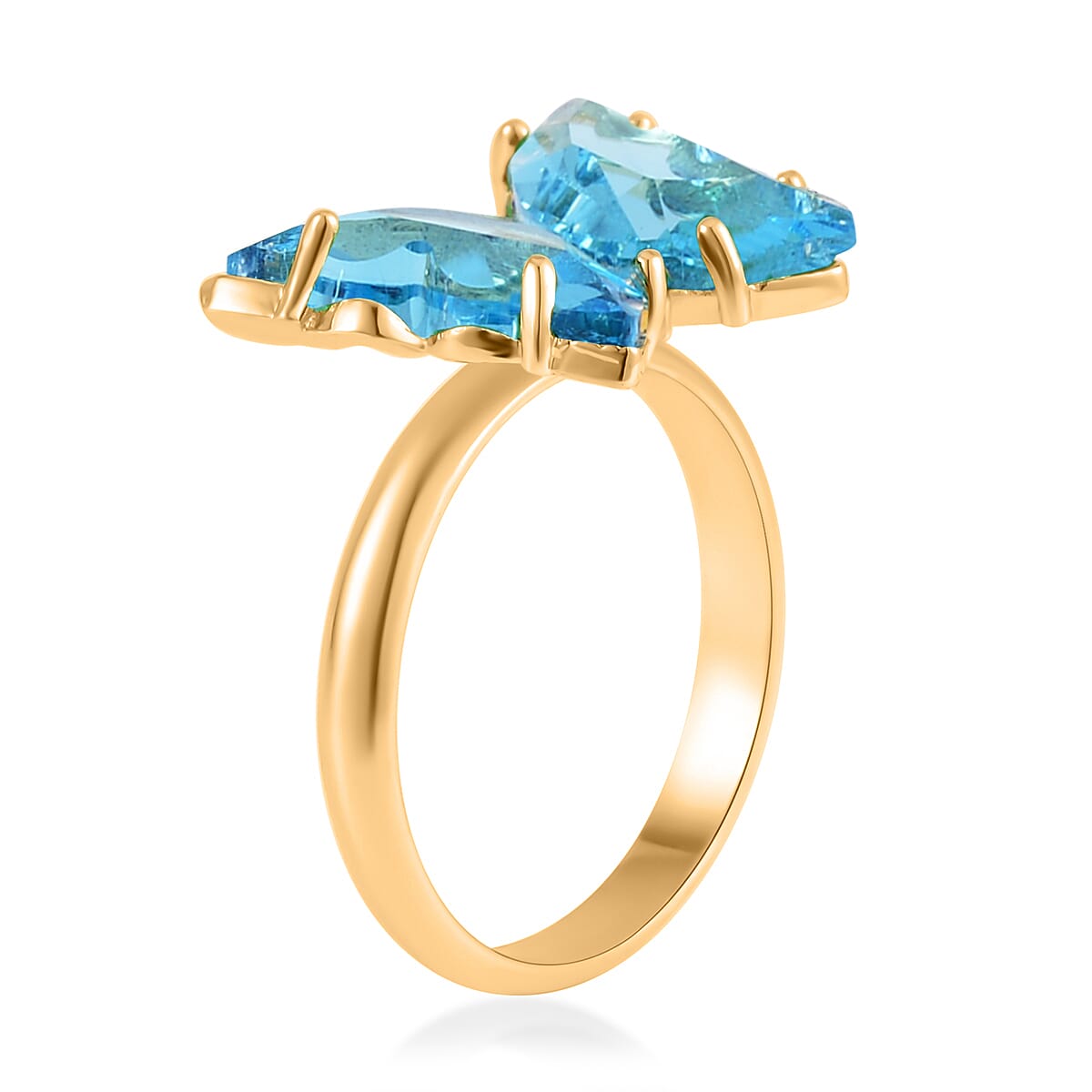 Simulated Sky Blue Topaz, Simulated Diamond Butterfly Ring (Size 7.0) and Necklace 20-22 Inches in Goldtone image number 3