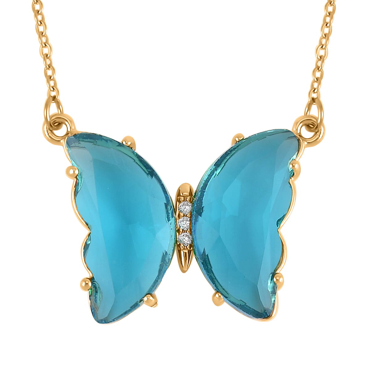 Simulated Sky Blue Topaz, Simulated Diamond Butterfly Ring (Size 7.0) and Necklace 20-22 Inches in Goldtone image number 5