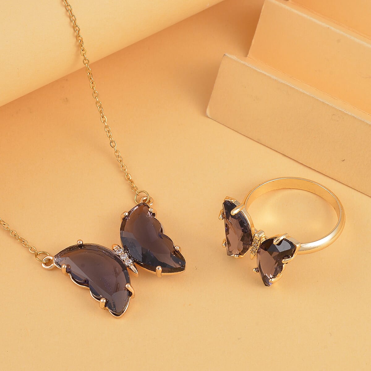 Simulated Amethyst, Simulated Diamond Butterfly Ring (Size 7.0) and Necklace 20-22 Inches in Goldtone image number 1