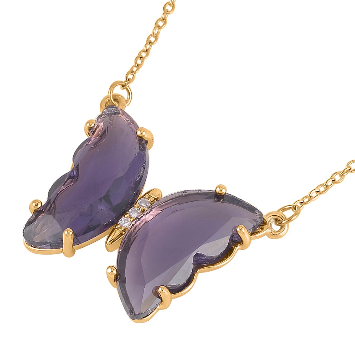 Simulated Amethyst, Simulated Diamond Butterfly Ring (Size 7.0) and Necklace 20-22 Inches in Goldtone image number 6