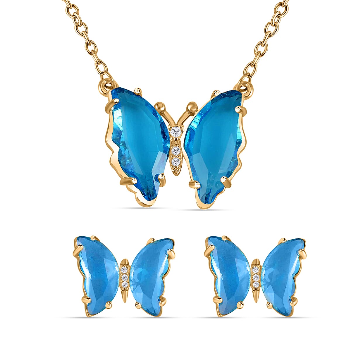 Simulated Sky Blue Topaz, Simulated Diamond Butterfly Earrings and Necklace (20-22 Inches) in Goldtone image number 0