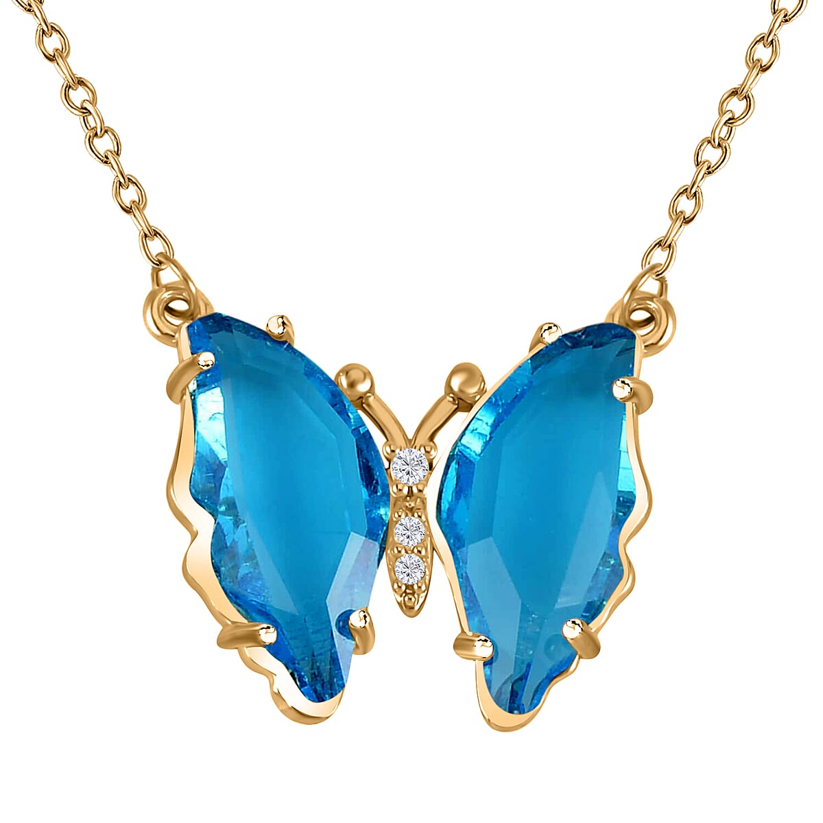 Simulated Sky Blue Topaz, Simulated Diamond Butterfly Earrings and Necklace (20-22 Inches) in Goldtone image number 2