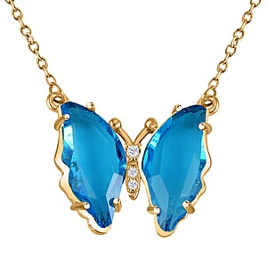 Simulated Sky Blue Topaz and Simulated Diamond Butterfly Earrings and Necklace 20-22 Inches in Goldtone