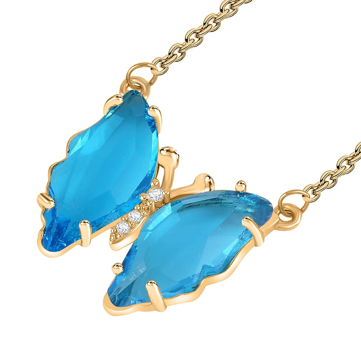 Simulated Sky Blue Topaz, Simulated Diamond Butterfly Earrings and Necklace (20-22 Inches) in Goldtone image number 3