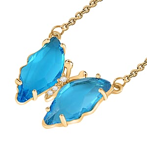 Simulated Sky Blue Topaz and Simulated Diamond Butterfly Earrings and Necklace 20-22 Inches in Goldtone
