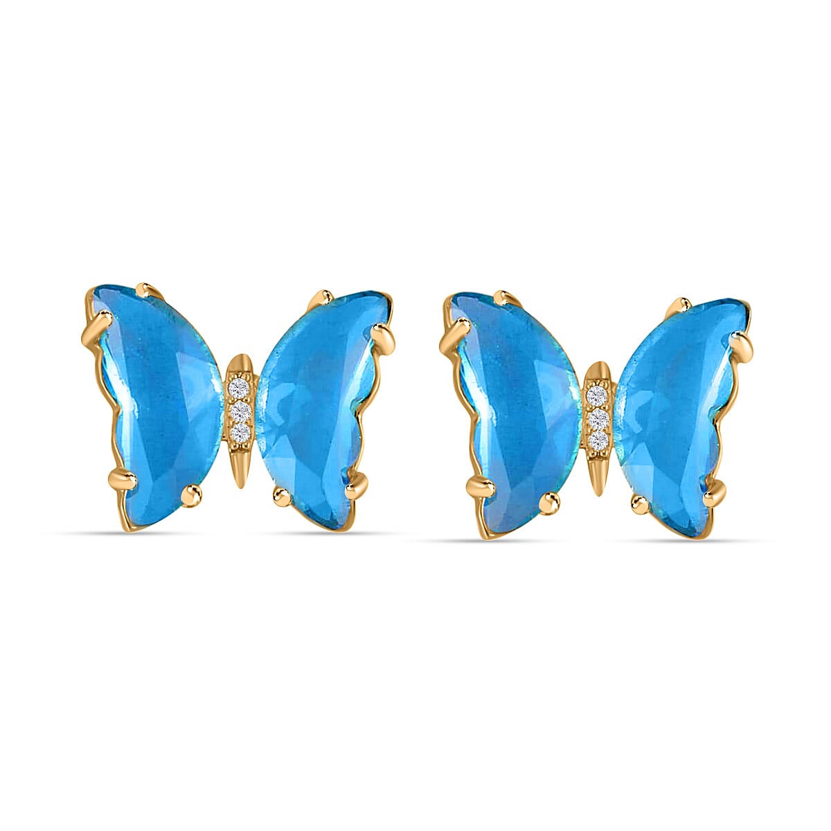 Simulated Sky Blue Topaz, Simulated Diamond Butterfly Earrings and Necklace (20-22 Inches) in Goldtone image number 5