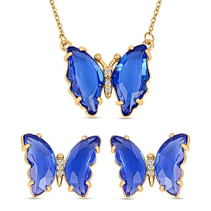 Simulated Blue Sapphire, Simulated Diamond Butterfly Earrings and Necklace 20-22 Inches in Goldtone