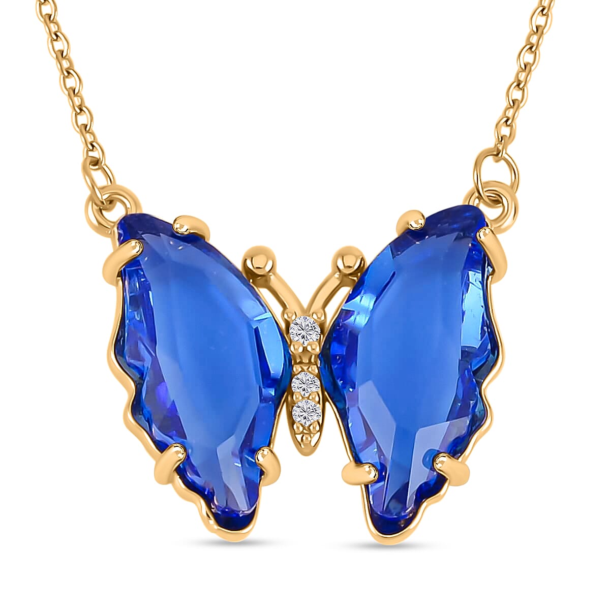 Simulated Blue Sapphire, Simulated Diamond Butterfly Earrings and Necklace 20-22 Inches in Goldtone image number 2