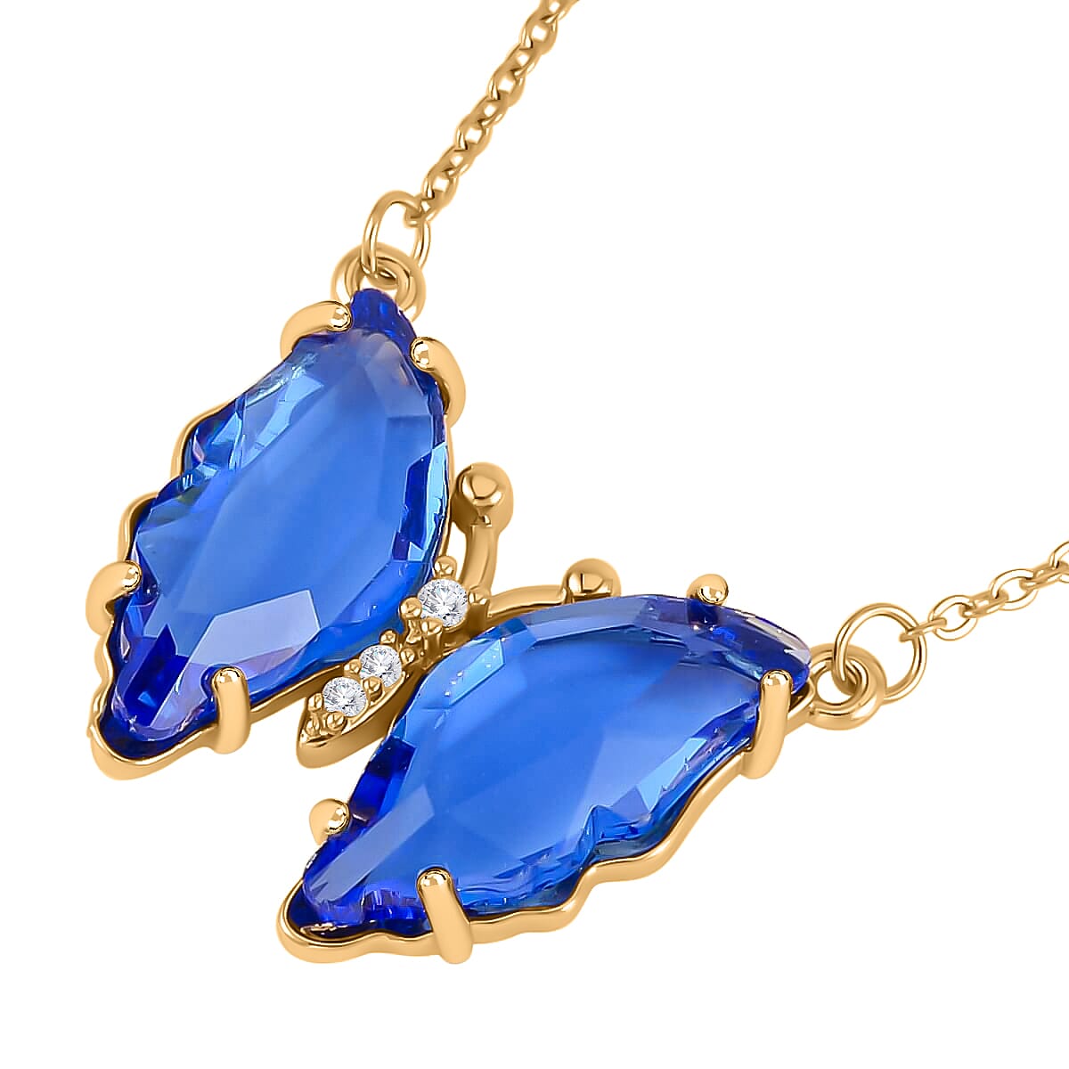 Simulated Blue Sapphire, Simulated Diamond Butterfly Earrings and Necklace 20-22 Inches in Goldtone image number 3