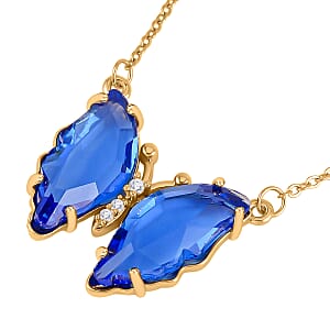 Simulated Blue Sapphire, Simulated Diamond Butterfly Earrings and Necklace 20-22 Inches in Goldtone