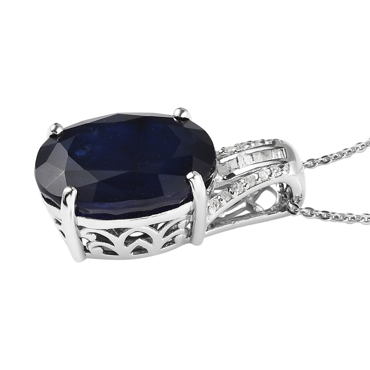 Masoala Sapphire (FF) and Diamond Pendant Necklace 20 Inches in Platinum Over Sterling Silver 14.35 ctw image number 3