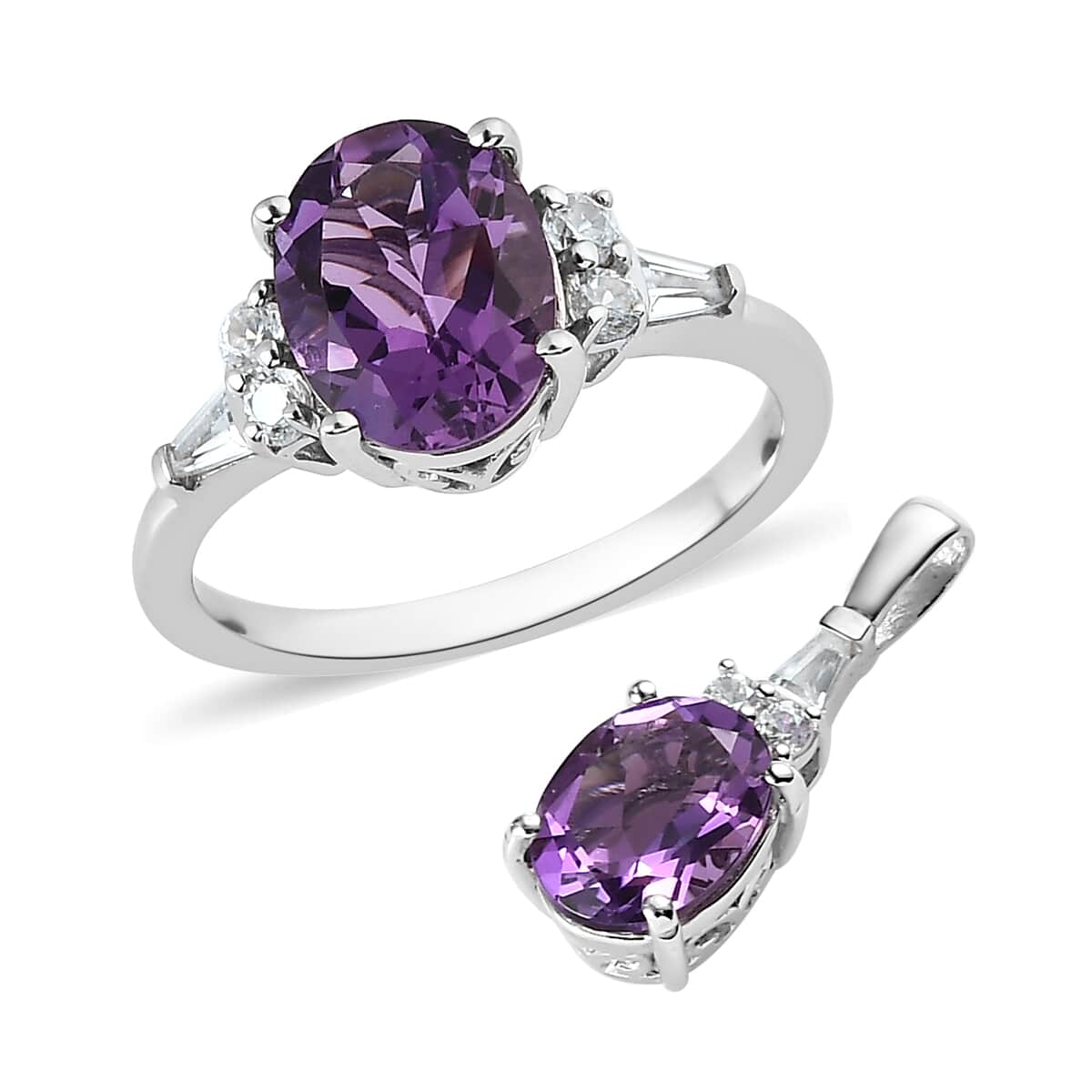 Premium Uruguayan Amethyst, White Zircon Ring and Pendant in Platinum Over Sterling Silver 3.75 ctw image number 0