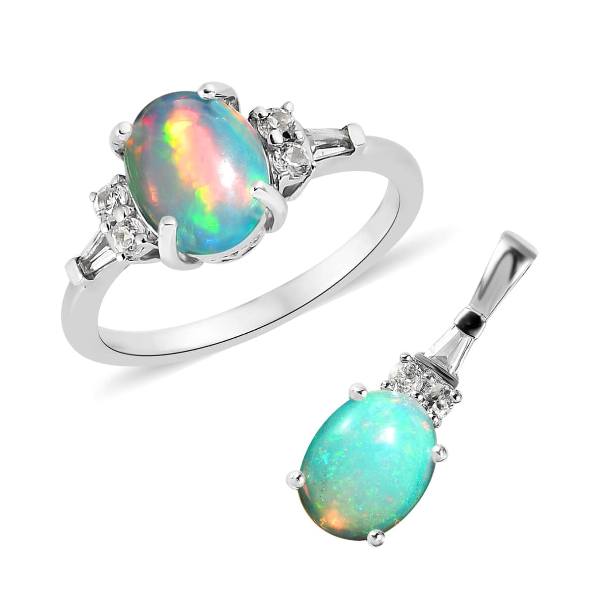 Premium Ethiopian Welo Opal, White Zircon Ring (Size 10.0) and Pendant in Platinum Over Sterling Silver 2.90 ctw image number 0