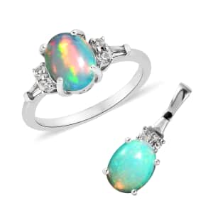 Premium Ethiopian Welo Opal, White Zircon Ring (Size 10.0) and Pendant in Platinum Over Sterling Silver 2.90 ctw