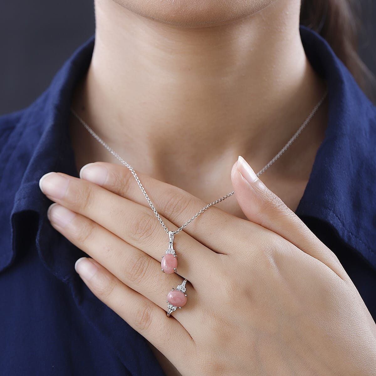 Premium Peruvian Pink Opal, White Zircon Ring (Size 7.0) and Pendant in Platinum Over Sterling Silver 3.75 ctw image number 2