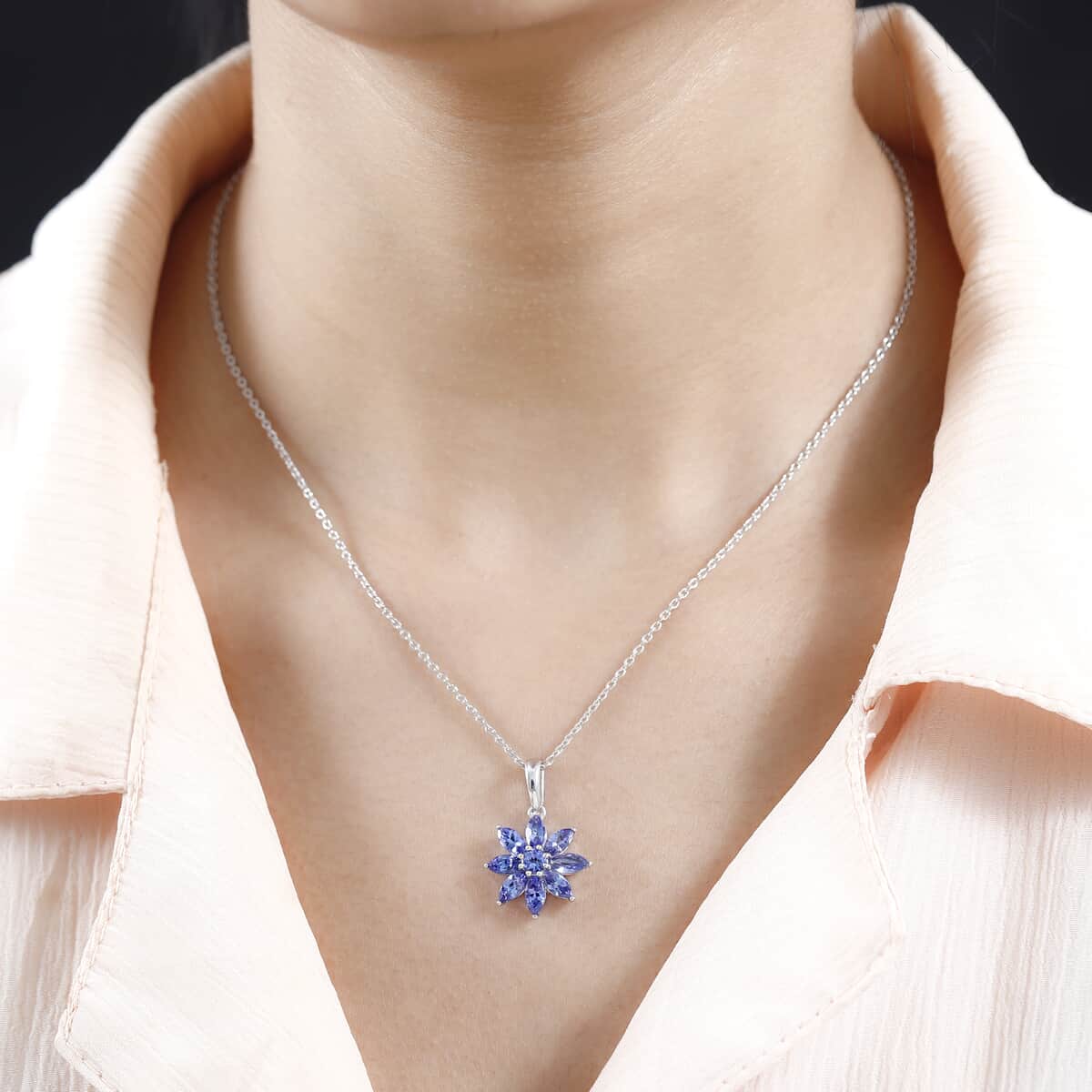 Premium Tanzanite Floral Pendant Necklace 20 Inches in Platinum Over Sterling Silver 2.50 ctw image number 2