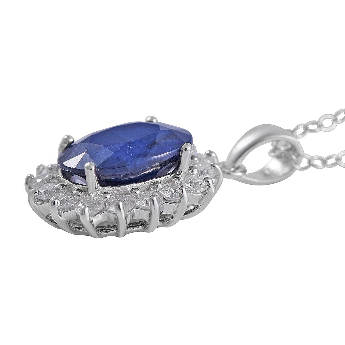 Madagascar Blue Sapphire (DF), Moissanite Sunburst Pendant Necklace (18 Inches) in Platinum Over Sterling Silver 6.60 ctw