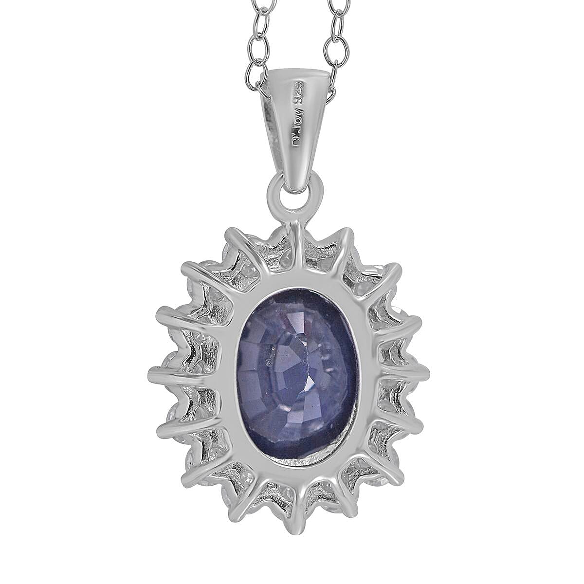 Madagascar Blue Sapphire (DF), Moissanite Sunburst Pendant Necklace (18 Inches) in Platinum Over Sterling Silver 6.60 ctw