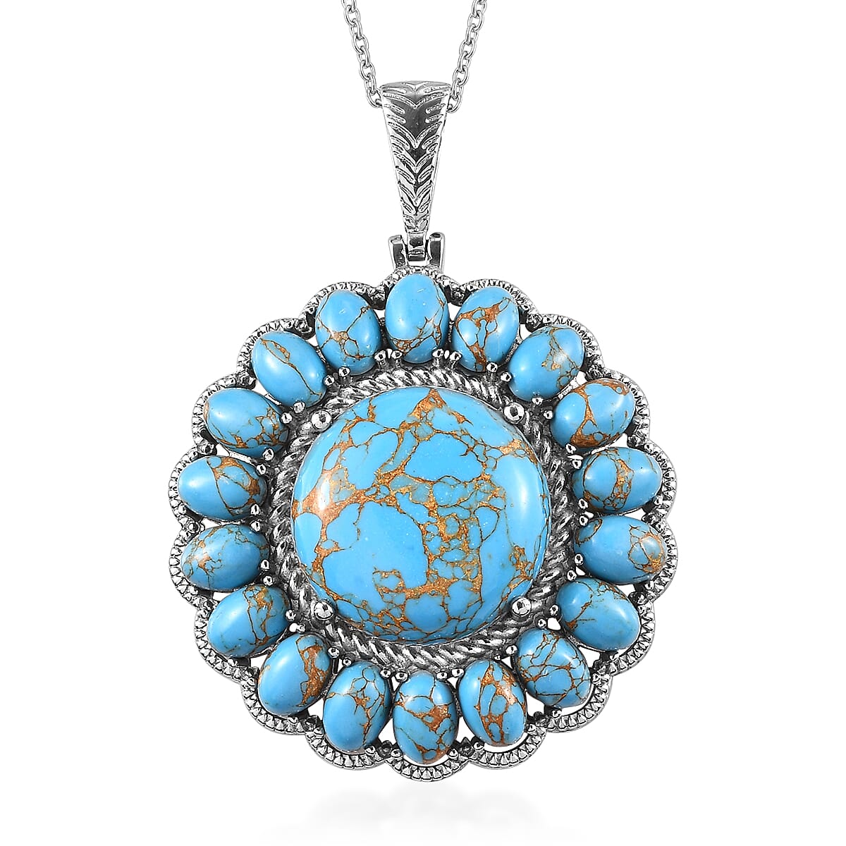 Mojave Blue Turquoise Halo Pendant Necklace 20 Inches in Stainless Steel 33.60 ctw