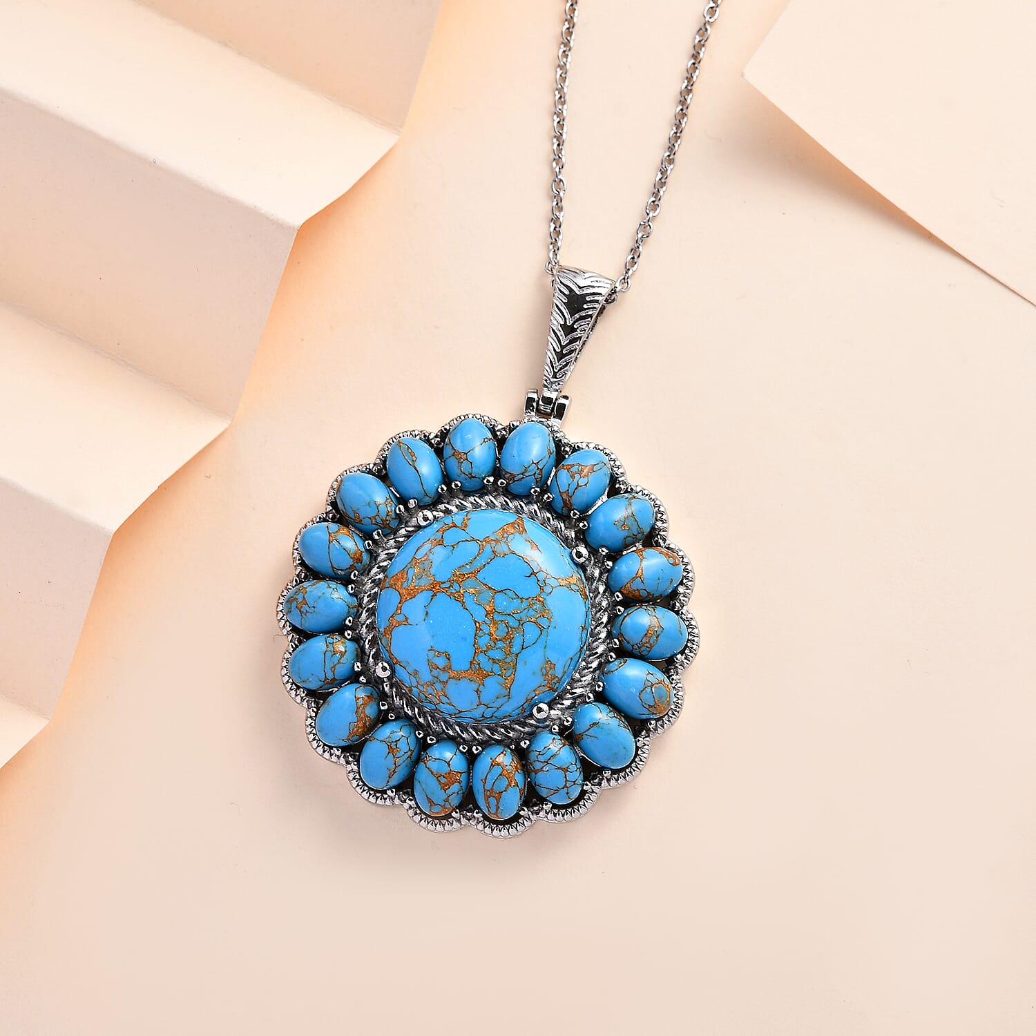 Mojave Blue Turquoise Halo Pendant Necklace 20 Inches in Stainless Steel 33.60 ctw