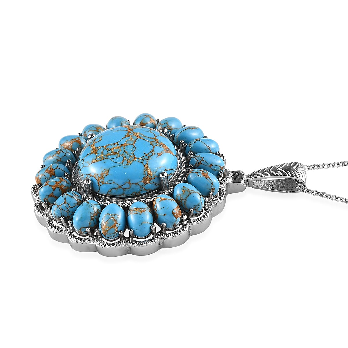 Mojave Blue Turquoise Halo Pendant Necklace 20 Inches in Stainless Steel 33.60 ctw
