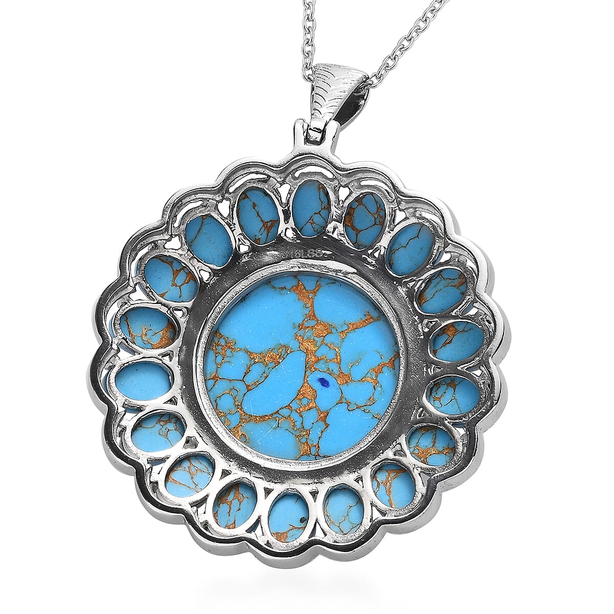 Mojave Blue Turquoise Halo Pendant Necklace 20 Inches in Stainless Steel 33.60 ctw