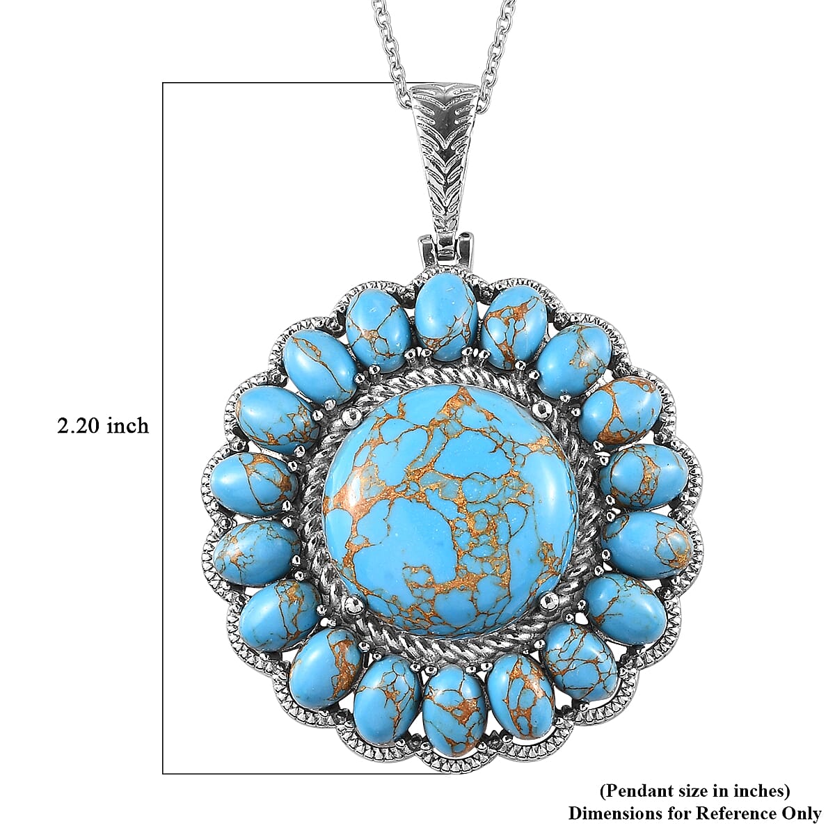 Mojave Blue Turquoise Halo Pendant Necklace 20 Inches in Stainless Steel 33.60 ctw