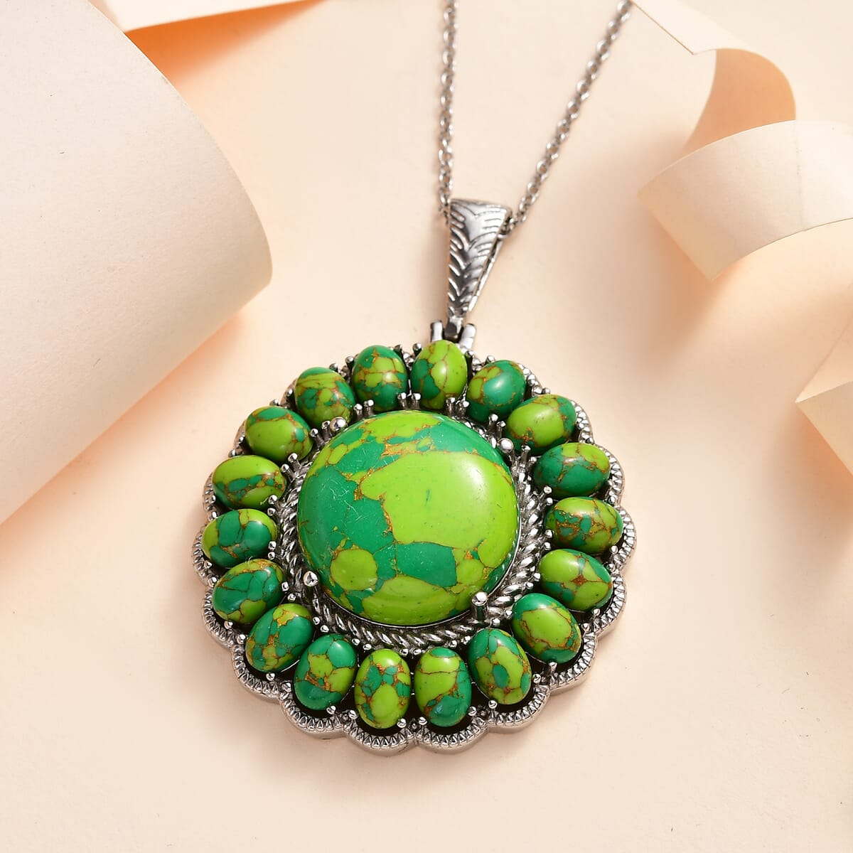 Mojave Blue Turquoise Halo Pendant Necklace 20 Inches in Stainless Steel 33.60 ctw image number 1