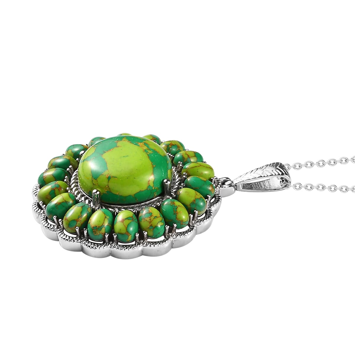 Mojave Blue Turquoise Halo Pendant Necklace 20 Inches in Stainless Steel 33.60 ctw image number 3