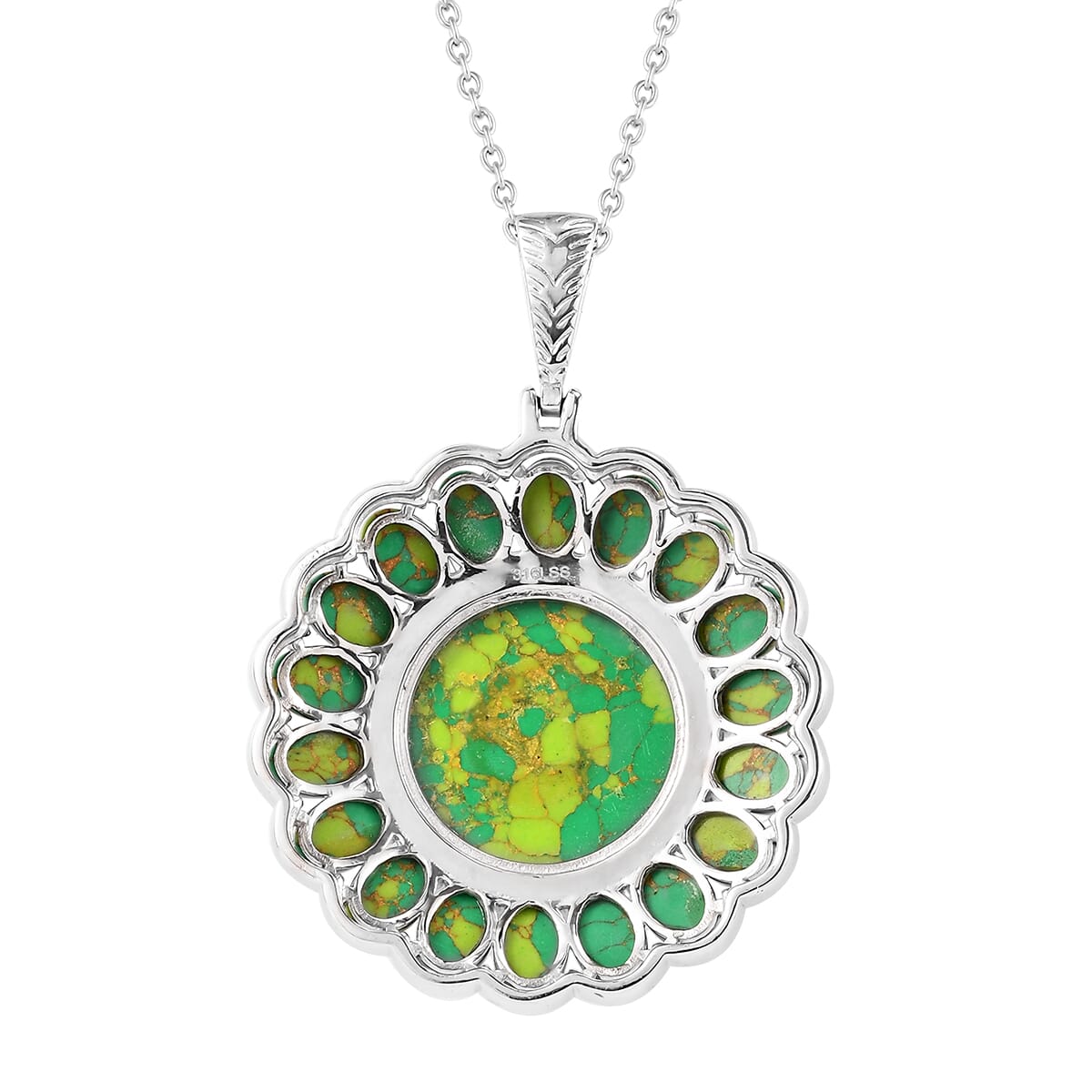 Mojave Blue Turquoise Halo Pendant Necklace 20 Inches in Stainless Steel 33.60 ctw image number 4
