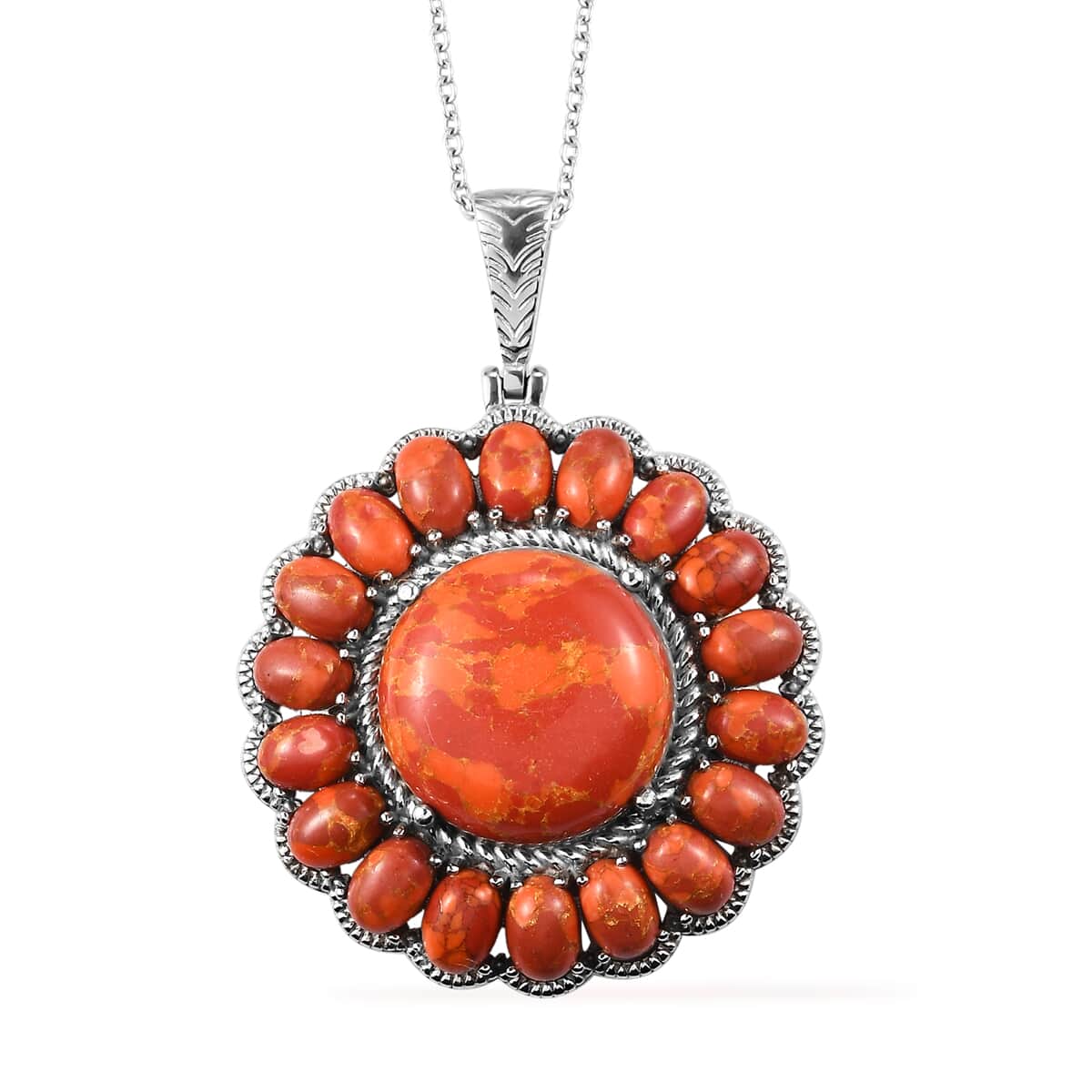 Mojave Orange Turquoise Halo Pendant Necklace 20 Inches in Stainless Steel 35.60 ctw image number 0