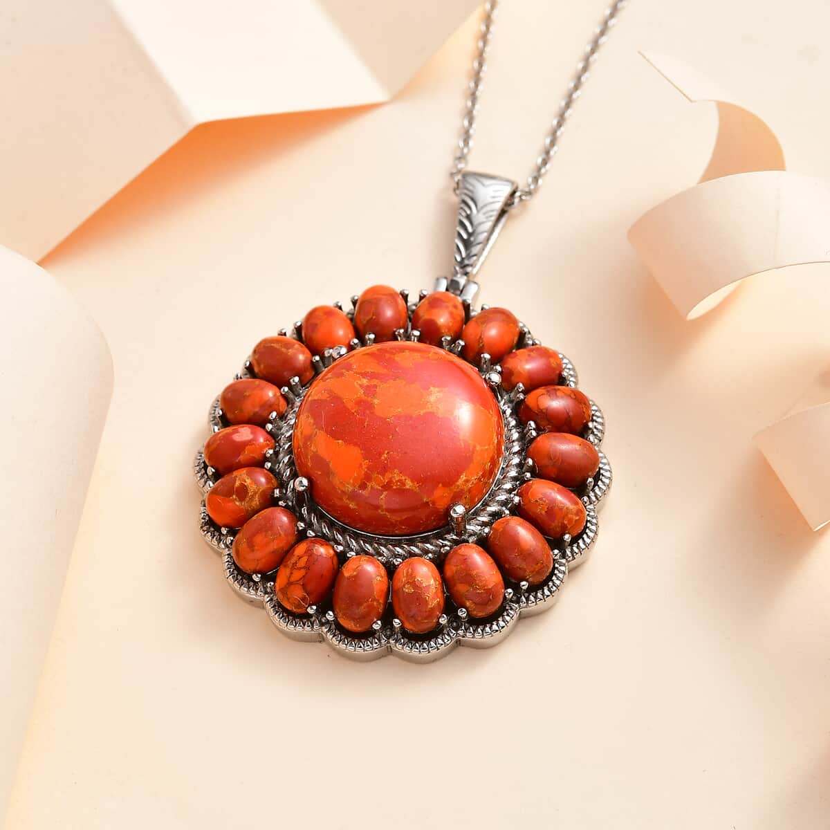 Mojave Orange Turquoise Halo Pendant Necklace 20 Inches in Stainless Steel 35.60 ctw image number 1