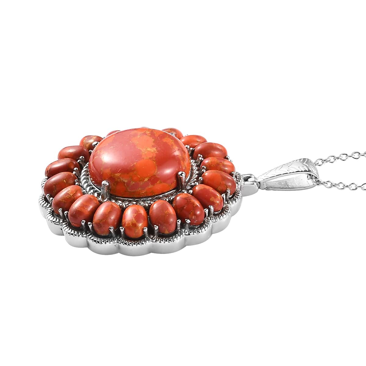 Mojave Orange Turquoise Halo Pendant Necklace 20 Inches in Stainless Steel 35.60 ctw image number 3