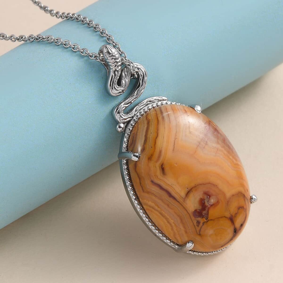 Crazy Lace Agate Solitaire Pendant Necklace 20 Inches in Stainless Steel 38.50 ctw image number 1